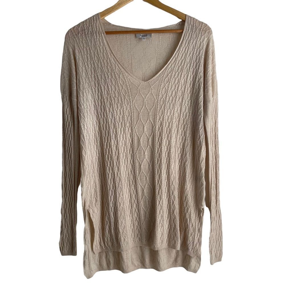 Babaton Cream V-Neck Cable Knit Linen Blend Long Line Sweater Size Small